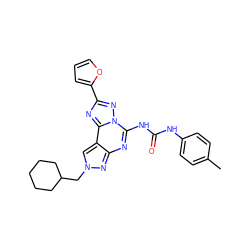 Cc1ccc(NC(=O)Nc2nc3nn(CC4CCCCC4)cc3c3nc(-c4ccco4)nn23)cc1 ZINC000013607059