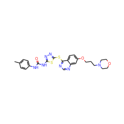 Cc1ccc(NC(=O)Nc2nnc(Sc3ncnc4cc(OCCCN5CCOCC5)ccc34)s2)cc1 ZINC000084757130