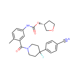 Cc1ccc(NC(=O)O[C@@H]2CCOC2)cc1C(=O)N1CCC(F)(c2ccc(C#N)cc2)CC1 ZINC000143526823