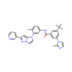 Cc1ccc(NC(=O)c2cc(-n3ccnc3C)cc(C(C)(C)C)c2)cc1-n1ccn2nc(-c3cccnc3)cc12 ZINC000224230574