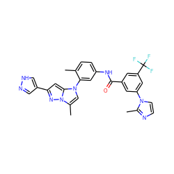 Cc1ccc(NC(=O)c2cc(-n3ccnc3C)cc(C(F)(F)F)c2)cc1-n1cc(C)n2nc(-c3cn[nH]c3)cc12 ZINC001772582479