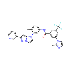 Cc1ccc(NC(=O)c2cc(-n3ccnc3C)cc(C(F)(F)F)c2)cc1-n1ccn2nc(-c3cccnc3)cc12 ZINC000224198487