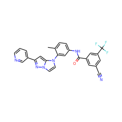 Cc1ccc(NC(=O)c2cc(C#N)cc(C(F)(F)F)c2)cc1-n1ccn2nc(-c3cccnc3)cc12 ZINC000224222074