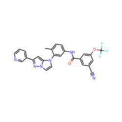 Cc1ccc(NC(=O)c2cc(C#N)cc(OC(F)(F)F)c2)cc1-n1ccn2nc(-c3cccnc3)cc12 ZINC000224213266