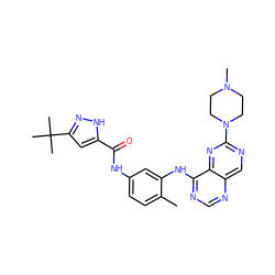 Cc1ccc(NC(=O)c2cc(C(C)(C)C)n[nH]2)cc1Nc1ncnc2cnc(N3CCN(C)CC3)nc12 ZINC000169700804
