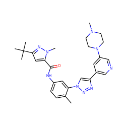 Cc1ccc(NC(=O)c2cc(C(C)(C)C)nn2C)cc1-n1cc(-c2cncc(N3CCN(C)CC3)c2)nn1 ZINC000224919173