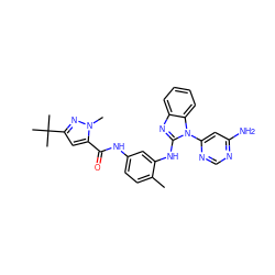 Cc1ccc(NC(=O)c2cc(C(C)(C)C)nn2C)cc1Nc1nc2ccccc2n1-c1cc(N)ncn1 ZINC000034802755