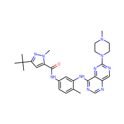 Cc1ccc(NC(=O)c2cc(C(C)(C)C)nn2C)cc1Nc1ncnc2cnc(N3CCN(C)CC3)nc12 ZINC000169700806