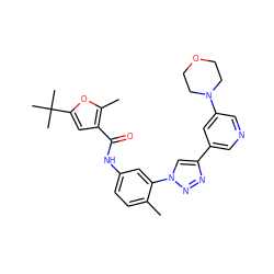 Cc1ccc(NC(=O)c2cc(C(C)(C)C)oc2C)cc1-n1cc(-c2cncc(N3CCOCC3)c2)nn1 ZINC000199365410