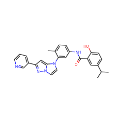 Cc1ccc(NC(=O)c2cc(C(C)C)ccc2O)cc1-n1ccn2nc(-c3cccnc3)cc12 ZINC000224232294