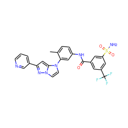 Cc1ccc(NC(=O)c2cc(C(F)(F)F)cc(S(N)(=O)=O)c2)cc1-n1ccn2nc(-c3cccnc3)cc12 ZINC000224216449