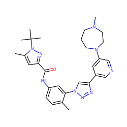Cc1ccc(NC(=O)c2cc(C)n(C(C)(C)C)n2)cc1-n1cc(-c2cncc(N3CCCN(C)CC3)c2)nn1 ZINC000118871261