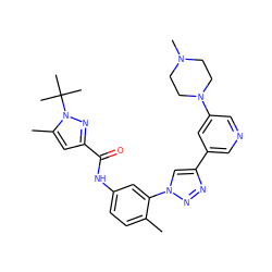 Cc1ccc(NC(=O)c2cc(C)n(C(C)(C)C)n2)cc1-n1cc(-c2cncc(N3CCN(C)CC3)c2)nn1 ZINC000118862112