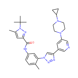 Cc1ccc(NC(=O)c2cc(C)n(C(C)(C)C)n2)cc1-n1cc(-c2cncc(N3CCN(C4CC4)CC3)c2)nn1 ZINC000118868470