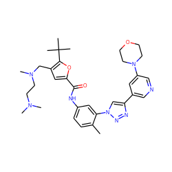 Cc1ccc(NC(=O)c2cc(CN(C)CCN(C)C)c(C(C)(C)C)o2)cc1-n1cc(-c2cncc(N3CCOCC3)c2)nn1 ZINC000199368531