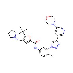 Cc1ccc(NC(=O)c2cc(CN3CCCC3)c(C(C)(C)C)o2)cc1-n1cc(-c2cncc(N3CCOCC3)c2)nn1 ZINC000199364297