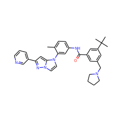 Cc1ccc(NC(=O)c2cc(CN3CCCC3)cc(C(C)(C)C)c2)cc1-n1ccn2nc(-c3cccnc3)cc12 ZINC000224201539