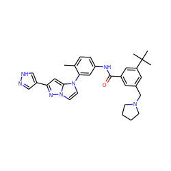 Cc1ccc(NC(=O)c2cc(CN3CCCC3)cc(C(C)(C)C)c2)cc1-n1ccn2nc(-c3cn[nH]c3)cc12 ZINC001772604852