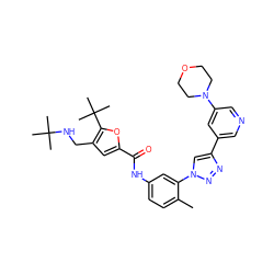 Cc1ccc(NC(=O)c2cc(CNC(C)(C)C)c(C(C)(C)C)o2)cc1-n1cc(-c2cncc(N3CCOCC3)c2)nn1 ZINC000224290008