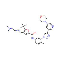Cc1ccc(NC(=O)c2cc(CNCCN(C)C)c(C(C)(C)C)o2)cc1-n1cc(-c2cncc(N3CCOCC3)c2)nn1 ZINC000199368583