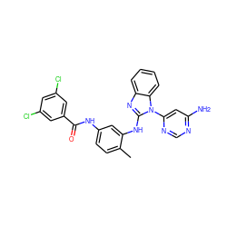 Cc1ccc(NC(=O)c2cc(Cl)cc(Cl)c2)cc1Nc1nc2ccccc2n1-c1cc(N)ncn1 ZINC000049032274