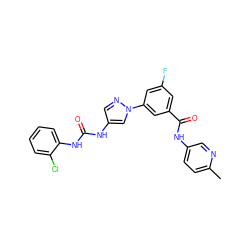 Cc1ccc(NC(=O)c2cc(F)cc(-n3cc(NC(=O)Nc4ccccc4Cl)cn3)c2)cn1 ZINC000299827267