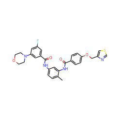 Cc1ccc(NC(=O)c2cc(F)cc(N3CCOCC3)c2)cc1NC(=O)c1ccc(OCc2cscn2)cc1 ZINC000028385137