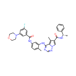 Cc1ccc(NC(=O)c2cc(F)cc(N3CCOCC3)c2)cc1Nc1ncnn2cc(C(=O)N[C@@H](C)c3ccccc3)c(C)c12 ZINC000029048333