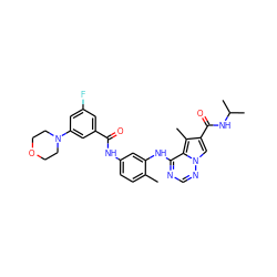 Cc1ccc(NC(=O)c2cc(F)cc(N3CCOCC3)c2)cc1Nc1ncnn2cc(C(=O)NC(C)C)c(C)c12 ZINC000029048536