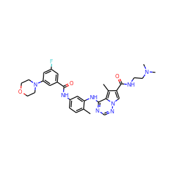 Cc1ccc(NC(=O)c2cc(F)cc(N3CCOCC3)c2)cc1Nc1ncnn2cc(C(=O)NCCN(C)C)c(C)c12 ZINC000029050323