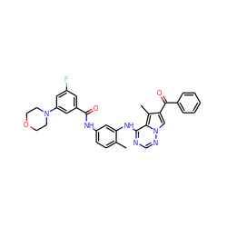 Cc1ccc(NC(=O)c2cc(F)cc(N3CCOCC3)c2)cc1Nc1ncnn2cc(C(=O)c3ccccc3)c(C)c12 ZINC000072177127