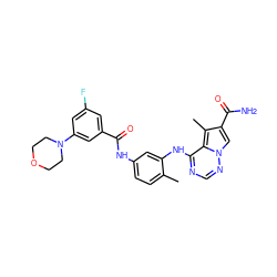 Cc1ccc(NC(=O)c2cc(F)cc(N3CCOCC3)c2)cc1Nc1ncnn2cc(C(N)=O)c(C)c12 ZINC000029048629