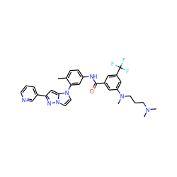 Cc1ccc(NC(=O)c2cc(N(C)CCCN(C)C)cc(C(F)(F)F)c2)cc1-n1ccn2nc(-c3cccnc3)cc12 ZINC000224219390