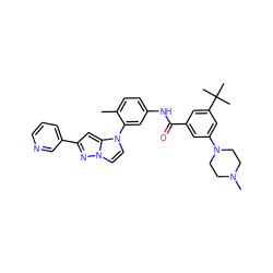 Cc1ccc(NC(=O)c2cc(N3CCN(C)CC3)cc(C(C)(C)C)c2)cc1-n1ccn2nc(-c3cccnc3)cc12 ZINC000224237192