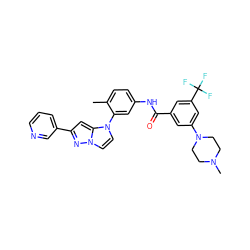 Cc1ccc(NC(=O)c2cc(N3CCN(C)CC3)cc(C(F)(F)F)c2)cc1-n1ccn2nc(-c3cccnc3)cc12 ZINC000224236506