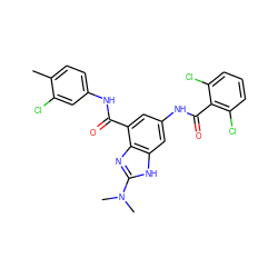 Cc1ccc(NC(=O)c2cc(NC(=O)c3c(Cl)cccc3Cl)cc3[nH]c(N(C)C)nc23)cc1Cl ZINC000207723090