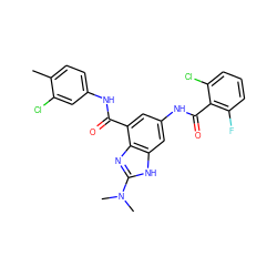 Cc1ccc(NC(=O)c2cc(NC(=O)c3c(F)cccc3Cl)cc3[nH]c(N(C)C)nc23)cc1Cl ZINC000224799154