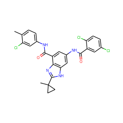 Cc1ccc(NC(=O)c2cc(NC(=O)c3cc(Cl)ccc3Cl)cc3[nH]c(C4(C)CC4)nc23)cc1Cl ZINC000220360607