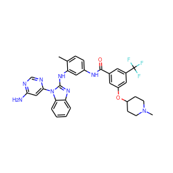 Cc1ccc(NC(=O)c2cc(OC3CCN(C)CC3)cc(C(F)(F)F)c2)cc1Nc1nc2ccccc2n1-c1cc(N)ncn1 ZINC000049916748