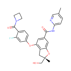 Cc1ccc(NC(=O)c2cc(Oc3ccc(C(=O)N4CCC4)c(F)c3)c3c(c2)O[C@](C)(CO)C3)nc1 ZINC000043174233