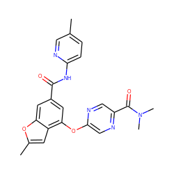 Cc1ccc(NC(=O)c2cc(Oc3cnc(C(=O)N(C)C)cn3)c3cc(C)oc3c2)nc1 ZINC000169329221