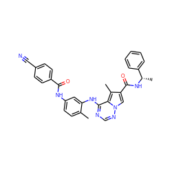 Cc1ccc(NC(=O)c2ccc(C#N)cc2)cc1Nc1ncnn2cc(C(=O)N[C@@H](C)c3ccccc3)c(C)c12 ZINC000029049584