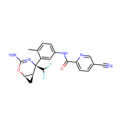 Cc1ccc(NC(=O)c2ccc(C#N)cn2)cc1[C@@]1(C(F)F)N=C(N)O[C@@H]2C[C@@H]21 ZINC000225700024