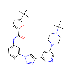 Cc1ccc(NC(=O)c2ccc(C(C)(C)C)o2)cc1-n1cc(-c2cncc(N3CCN(C(C)(C)C)CC3)c2)nn1 ZINC000072317203