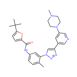 Cc1ccc(NC(=O)c2ccc(C(C)(C)C)o2)cc1-n1cc(-c2cncc(N3CCN(C)CC3)c2)nn1 ZINC000072317205