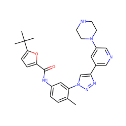 Cc1ccc(NC(=O)c2ccc(C(C)(C)C)o2)cc1-n1cc(-c2cncc(N3CCNCC3)c2)nn1 ZINC000072317207