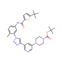 Cc1ccc(NC(=O)c2ccc(C(C)(C)C)s2)cc1-n1cc(-c2cncc(N3CCN(C(=O)OC(C)(C)C)CC3)c2)nn1 ZINC000199366480