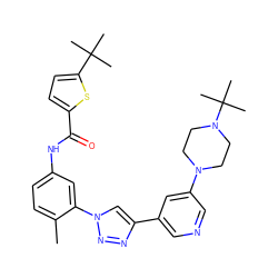 Cc1ccc(NC(=O)c2ccc(C(C)(C)C)s2)cc1-n1cc(-c2cncc(N3CCN(C(C)(C)C)CC3)c2)nn1 ZINC000224917725