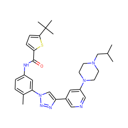 Cc1ccc(NC(=O)c2ccc(C(C)(C)C)s2)cc1-n1cc(-c2cncc(N3CCN(CC(C)C)CC3)c2)nn1 ZINC000199366546