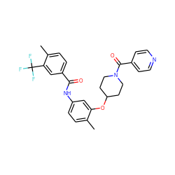 Cc1ccc(NC(=O)c2ccc(C)c(C(F)(F)F)c2)cc1OC1CCN(C(=O)c2ccncc2)CC1 ZINC000653825914